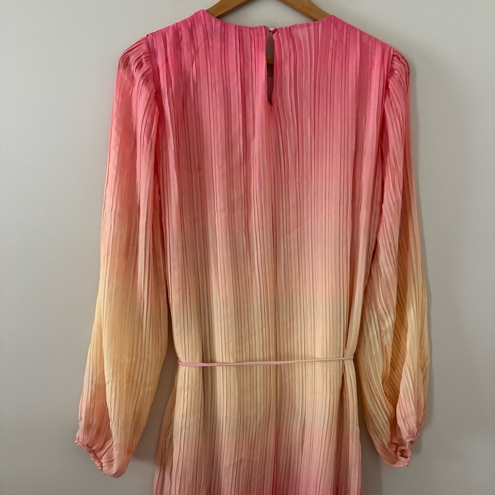 New Something Navy Maxi Dress‎ Pleated Tie Waist Long Sleeve pink combo ombré M - Picture 11 of 15